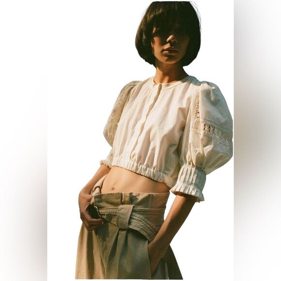 Sea New York Puff Sleeve Thora Thread Pull Button Down Cream Top medium - Picture 3 of 16